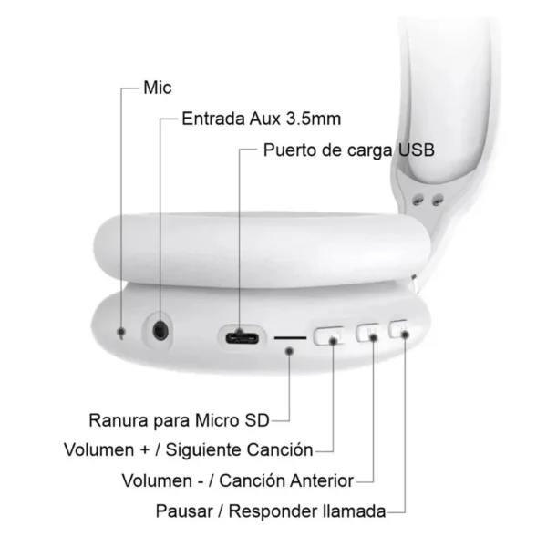 Audifonos Inalambricos Bluetooth Over Ear Diadema Estereo P9 Plateado - Image 3